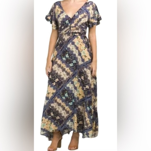 🌻 Abel The Label Anthropologie Ghandi Blue Floral Maxi Dress size Small - Picture 1 of 12